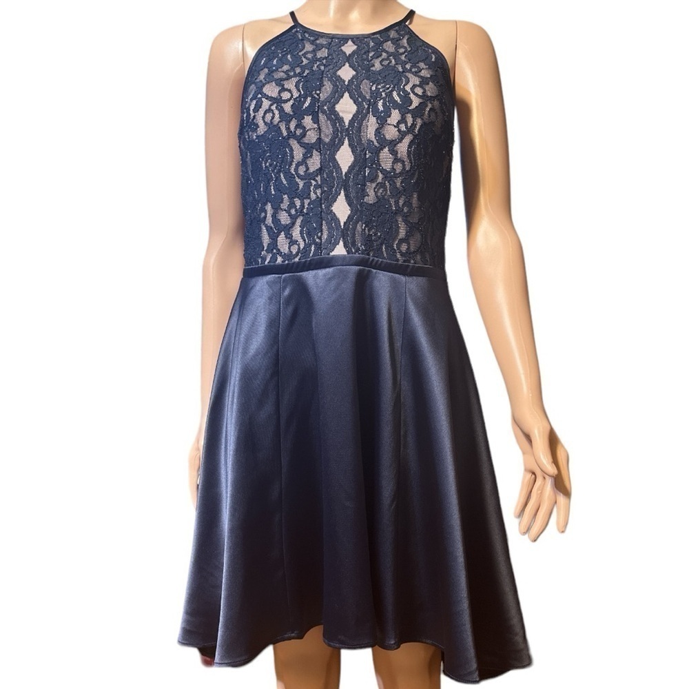 My Michelle Navy Blue High Neck Sleeveless Lace Satin High Low Formal Midi Dress